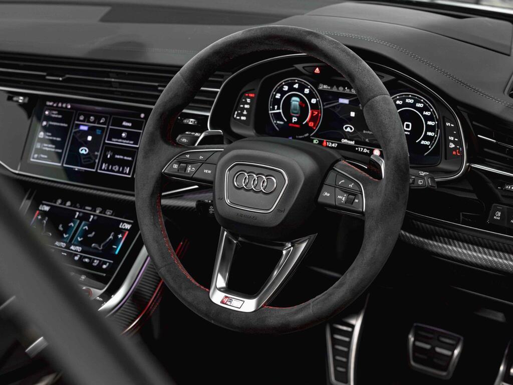 An interior shot of the steering wheel on a 2025 Audi RSQ8