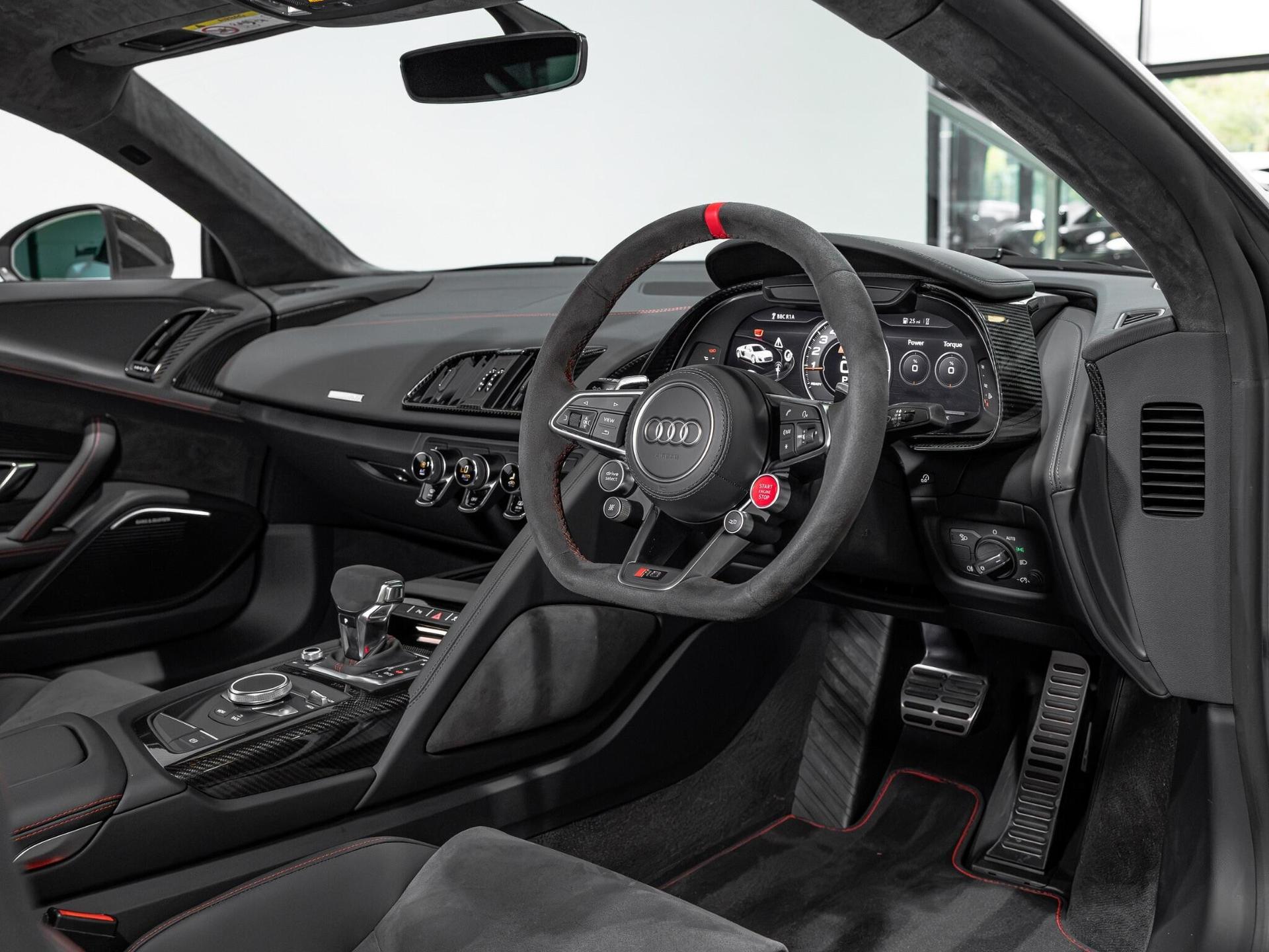 An interior shot of the interior front on a 2023 Audi R8