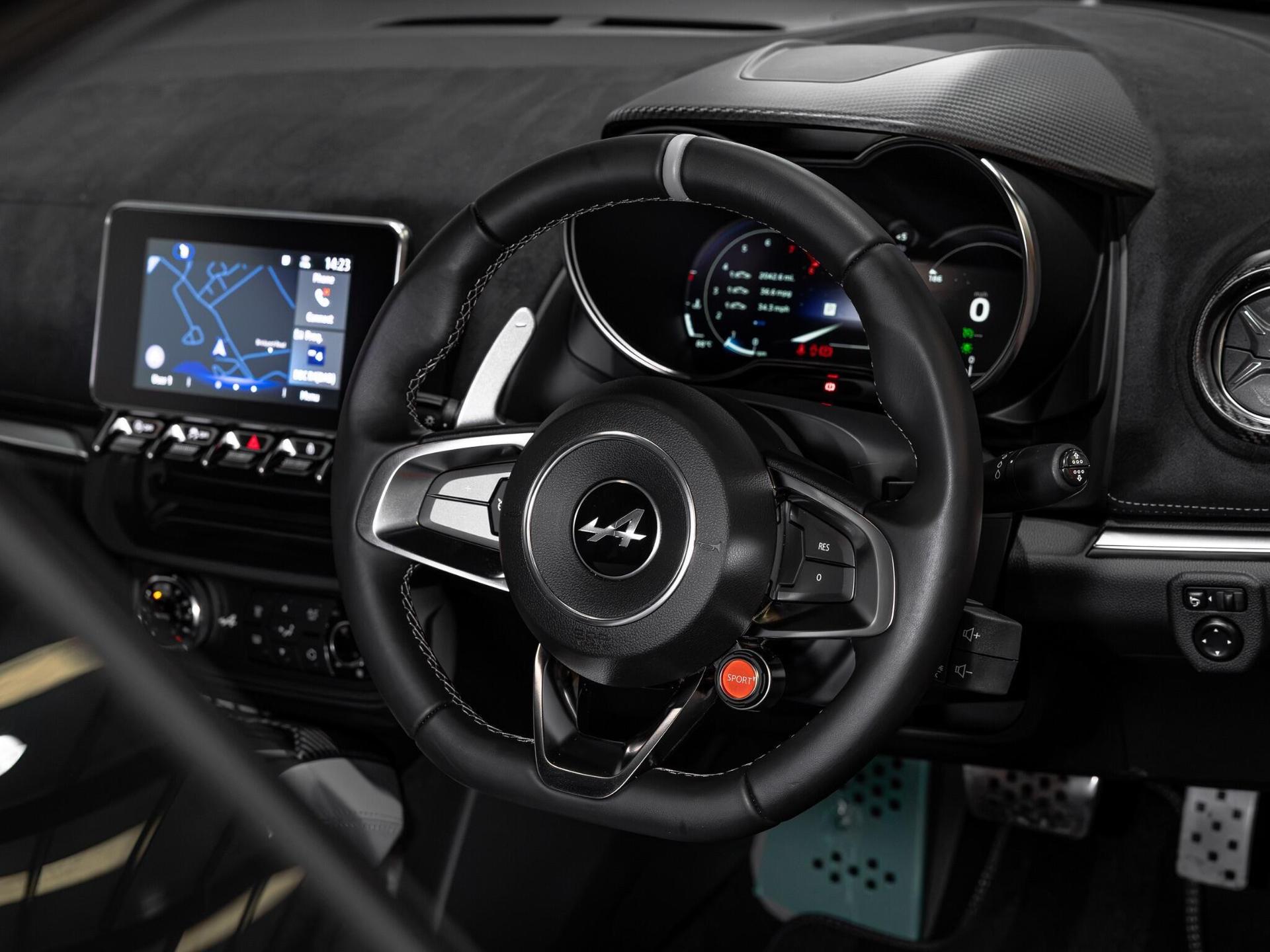 An interior shot of the steering wheel on a 2026 Alpine A110