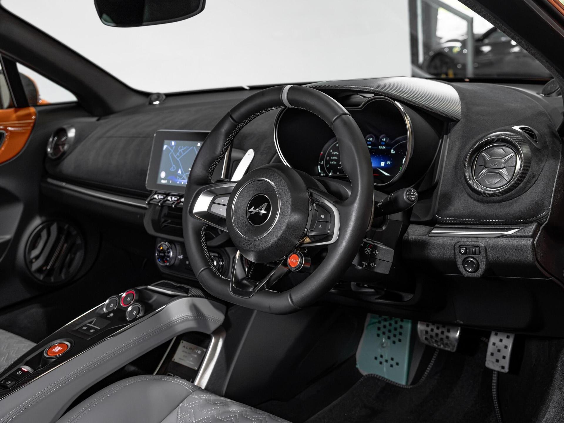 An interior shot of the interior front on a 2026 Alpine A110