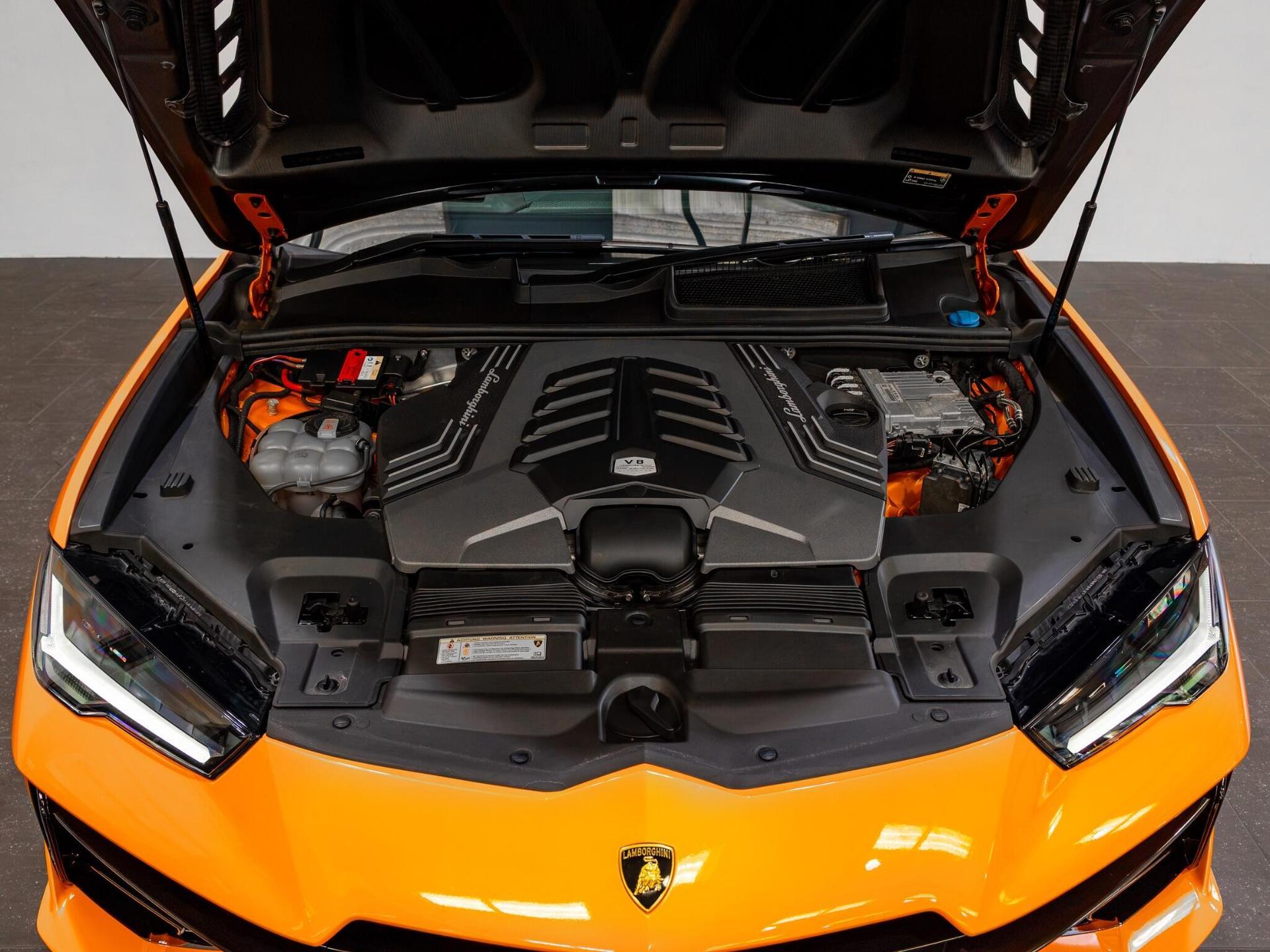 An exterior shot of the engine on a 2023 Lamborghini Urus