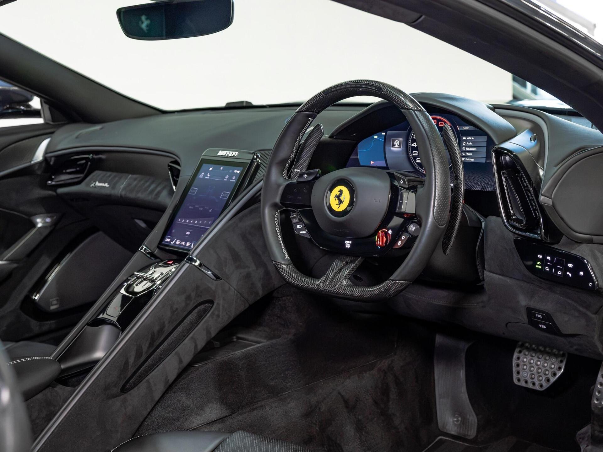 An interior shot of the interior front on a 2022 Ferrari Roma